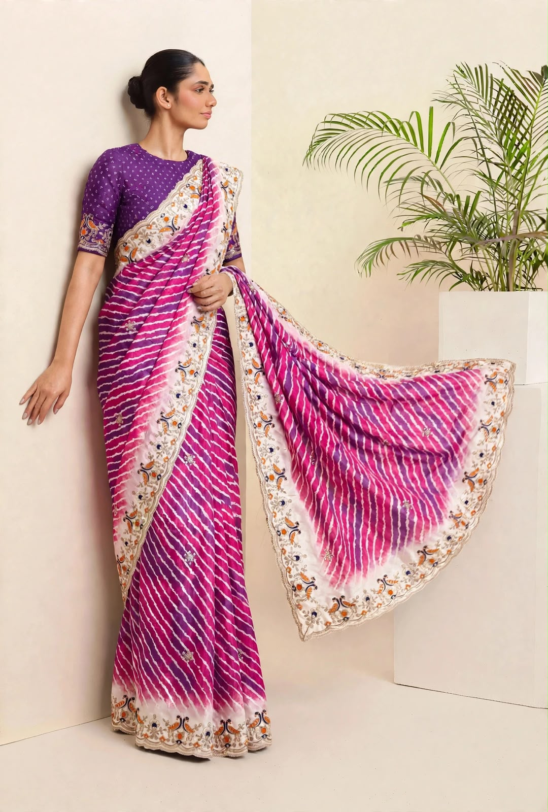Soft Shinon Laheriya Print Saree with Embroidered Pallu & Border